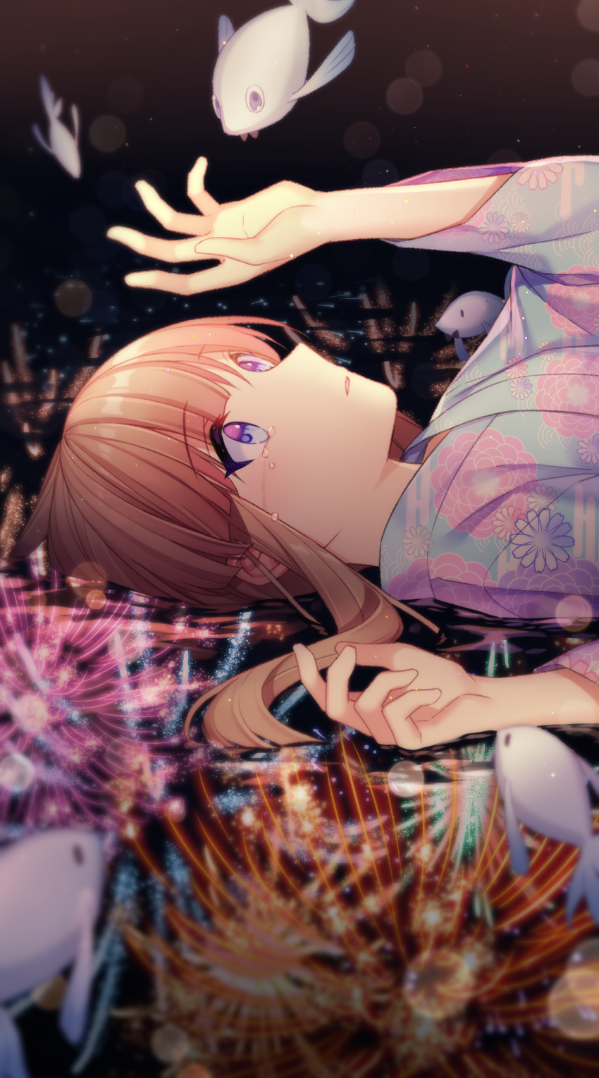 1girl animal bangs blue_eyes blue_kimono blunt_bangs blurry blurry_foreground blush caustics close-up crying crying_with_eyes_open dark_background darkness depth_of_field expressionless eyebrows_visible_through_hair eyelashes face facing_viewer fantasy fireworks fish floating floral_print gradient gradient_background hand_rest hand_up highres japanese_clothes jenevan kimono lens_flare light_brown_hair light_particles looking_up lying lying_on_water night on_back original palms parted_lips partially_submerged reaching reflection shiny shiny_hair sidelocks solo straight_hair streaming_tears tareme tears upper_body water wide-eyed yukata