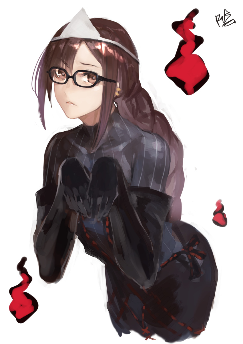 1girl absurdres bangs black_dress black_gloves braid braided_ponytail breasts brown_eyes brown_hair center_opening closed_mouth consort_yu_(fate) dress earrings elbow_gloves fate/grand_order fate_(series) glasses gloves grey_dress highres hitodama jewelry layered_dress leaning_forward long_hair looking_at_viewer medium_breasts multiple_earrings peperon_(peperou) ribbed_dress ribbon-trimmed_dress simple_background very_long_hair white_background