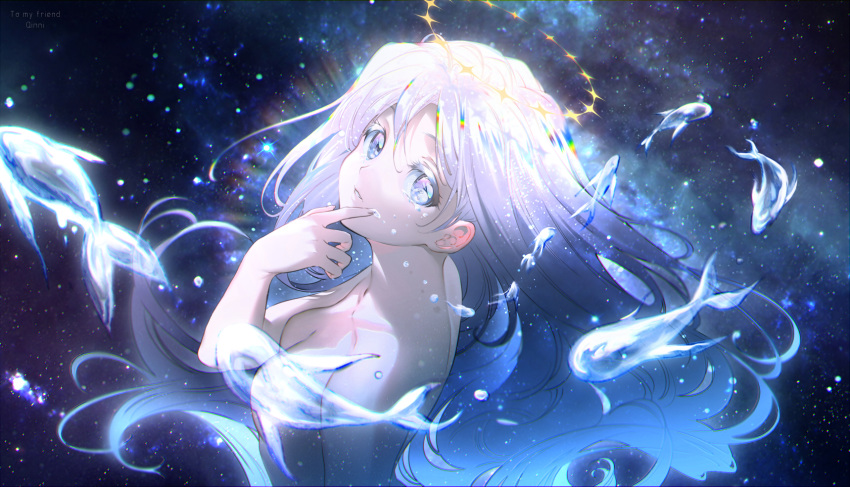 1girl breasts chromatic_aberration commentary english_commentary finger_to_cheek fish from_side halo highres kaze-hime long_hair looking_at_viewer looking_back nude original parted_lips qinni_(artist) sky solo star_(sky) starry_sky tears upper_body violet_eyes water_drop white_hair