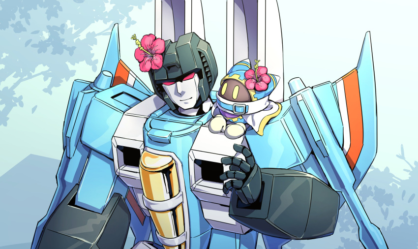 1boy absurdres character_request copyright_request creature crossover decepticon flower highres kyarara_renan looking_down mechanical_wings red_eyes sitting_on_shoulder thundercracker transformers wings yellow_eyes