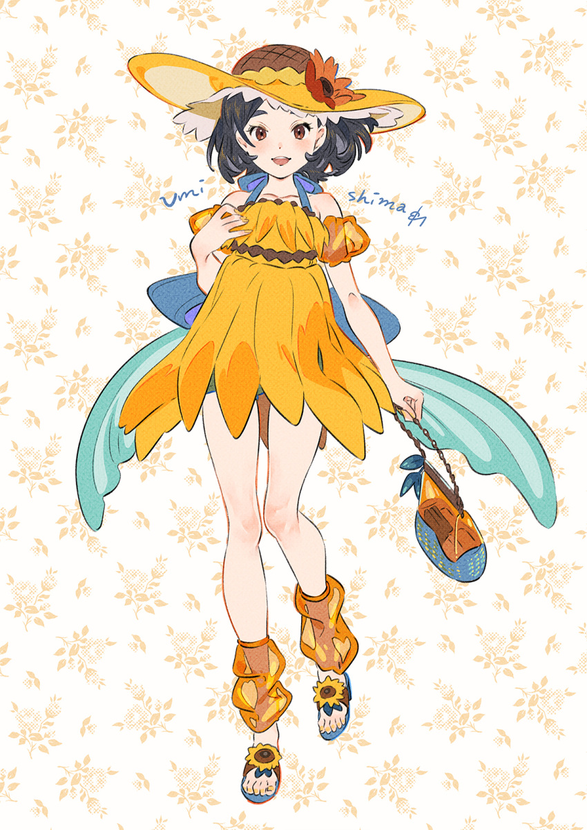 1girl artist_name bag bare_shoulders black_hair blush brown_eyes collarbone commentary_request dress eyelashes flower full_body green_shorts hand_up handbag hat hat_flower highres holding knees looking_at_viewer medium_hair open_mouth original sandals shorts solo sun_hat sunflower teeth toes umishima_senbon
