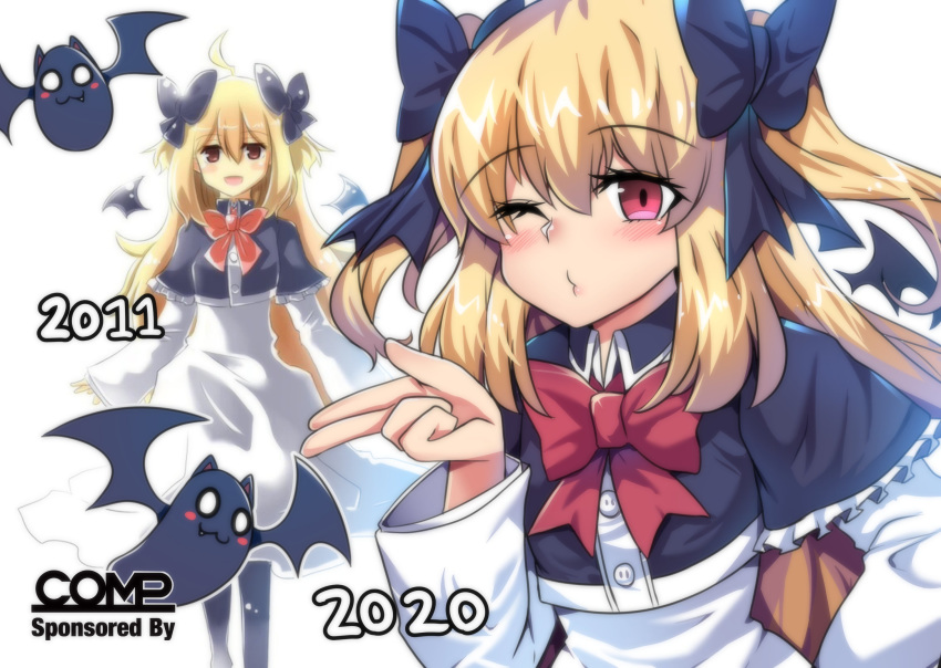 1girl 2011 2020 :d ahoge artist_progress bat black_bow blank_eyes blonde_hair blown_kiss blush bow bowtie comparison dress english_commentary eyebrows_visible_through_hair hair_between_eyes hair_bow highres hinghoi long_sleeves multiple_views one_eye_closed open_mouth original red_bow red_eyes sidelocks smile two_side_up white_dress