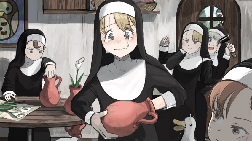 1boy 5girls arm_grab basket beard bird blonde_hair blue_eyes blush brown_eyes brown_hair catholic chicken crying diva_(hyxpk) door duck english_commentary facial_hair flower framed_image freckles habit hammer highres holding holding_hammer in_container lily_(flower) multiple_girls nun open_mouth original owl painting_(object) priest red_eyes redhead stuck sunglasses table tears vase worried yellow_eyes