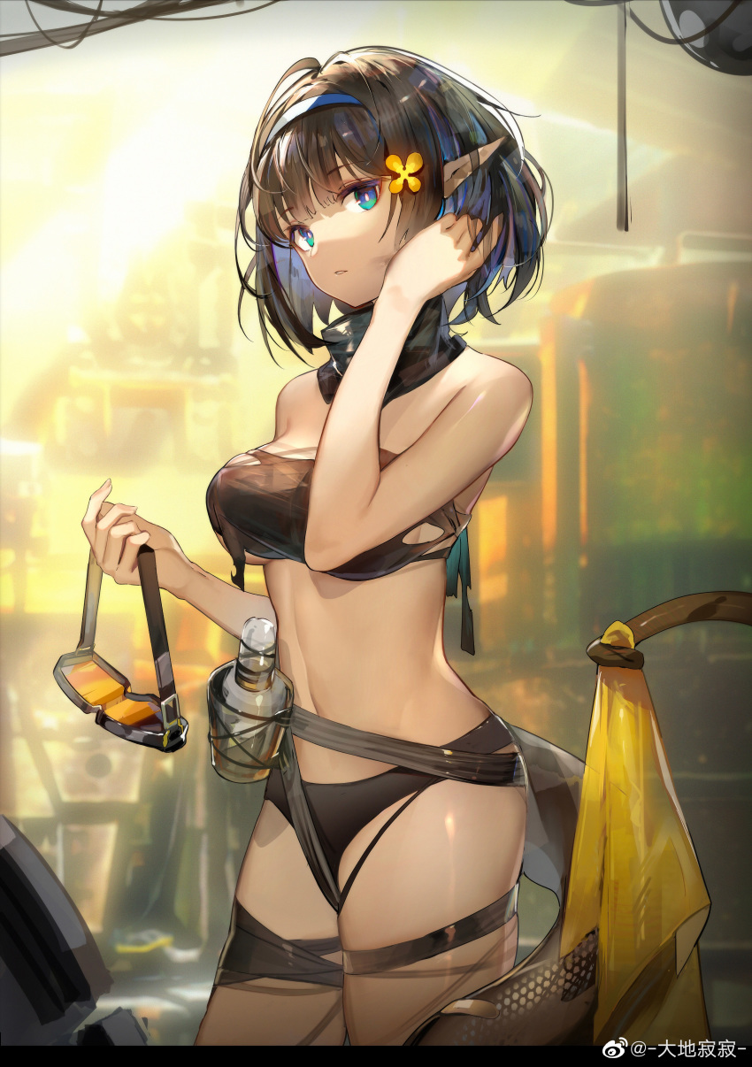 1girl absurdres arknights bandeau bangs belt black_belt black_panties black_scarf blue_eyes blue_hairband bottle breasts cowboy_shot cropped eunectes_(arknights) eyebrows_visible_through_hair goggles hairband hand_in_hair hand_up head_tilt highres holding holding_goggles kagura_tohru large_breasts midriff navel panties pointy_ears prehensile_tail scarf short_hair snake_tail solo standing stomach strapless tail thigh_strap thighs third-party_edit tubetop underwear undressing