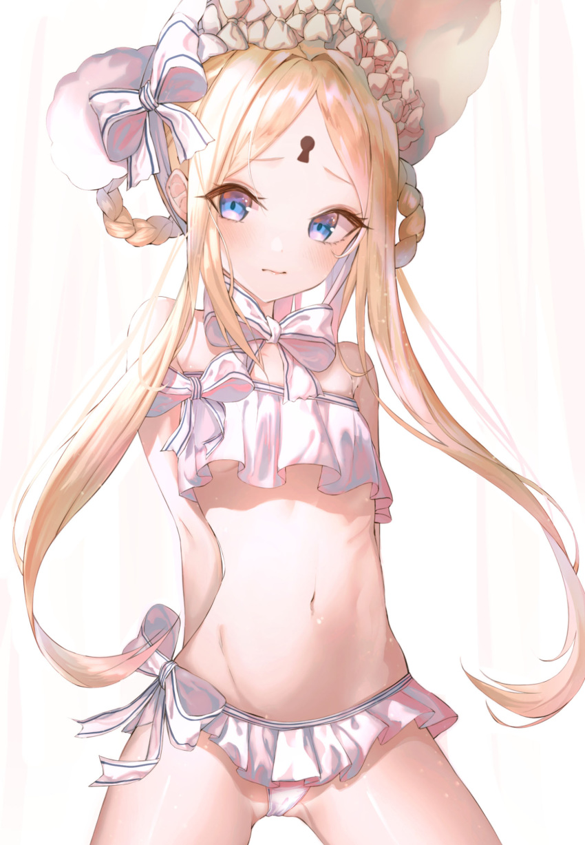 1girl abigail_williams_(fate/grand_order) abigail_williams_(swimsuit_foreigner)_(fate) bangs bare_shoulders bikini blonde_hair blue_eyes bonnet bow braid breasts fate/grand_order fate_(series) forehead hair_bow hair_rings highres long_hair merryj miniskirt navel parted_bangs sidelocks skirt small_breasts swimsuit twin_braids twintails very_long_hair white_bikini white_bow white_headwear