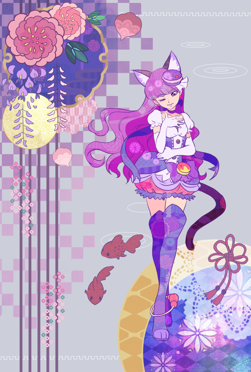 1girl ;) animal_ear_fluff animal_ears anklet boots cat_ears cat_girl cat_tail choker closed_mouth collarbone cure_macaron elbow_gloves floating_hair food_themed_hair_ornament full_body gloves hair_ornament head_tilt highres jewelry kirakira_precure_a_la_mode long_hair looking_at_viewer macaron_hair_ornament miniskirt one_eye_closed precure purple_choker purple_footwear purple_hair short_sleeves skirt smile solo standing strawberrylove2525 tail thigh-highs thigh_boots very_long_hair violet_eyes white_gloves zettai_ryouiki