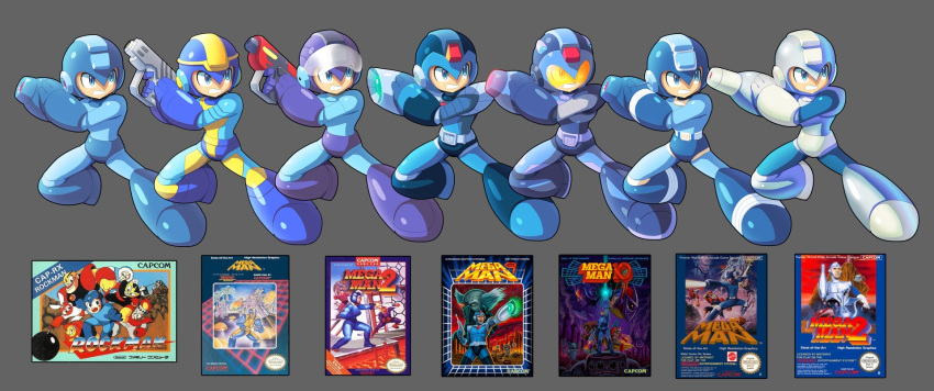 adapted_costume arm_cannon blue_sky box_art clenched_teeth energy_gun gloves grey_background gun helmet highres looking_at_viewer multiple_persona pose ray_gun rockman rockman_(character) rockman_(classic) rockman_1 rockman_10 rockman_2 rockman_9 sky teeth ultimatemaverickx visor weapon