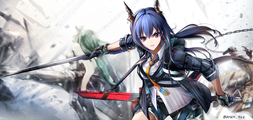 3girls arknights bangs bare_arms bare_shoulders black_gloves black_shorts blue_hair ch'en_(arknights) chain chi_xiao_(arknights) commentary_request dragon_horns dragon_tail fingerless_gloves gloves green_hair highres holding holding_sword holding_weapon horns hoshiguma_(arknights) long_hair looking_at_viewer multiple_girls necktie parted_lips red_eyes shirt short_shorts shorts single_horn swire_(arknights) sword tail weapon white_shirt wing_collar yellow_neckwear yokaze_(yokajie)