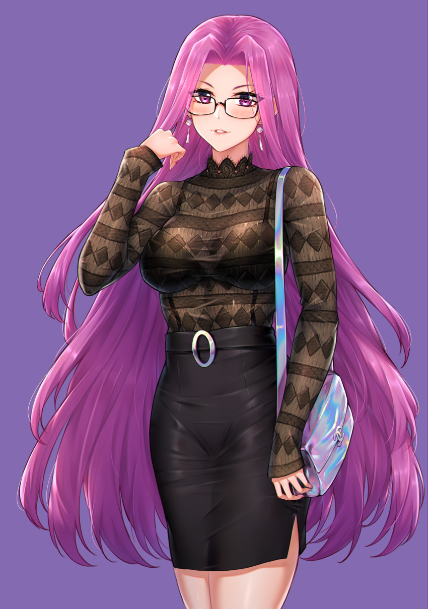 1girl absurdres arm_at_side bag bangs black-framed_eyewear black_shirt black_skirt blush breasts choukoukou_no_diaosi clothing_request collar commentary_request cowboy_shot earrings fate/grand_order fate_(series) glasses hand_up handbag high-waist_skirt highres hood jewelry large_breasts legs_together long_hair long_sleeves looking_at_viewer medusa_(lancer)_(fate) open_mouth parted_bangs parted_lips pencil_skirt purple_background purple_hair shirt shirt_tucked_in simple_background skirt sleeves_past_wrists smile solo teeth very_long_hair violet_eyes