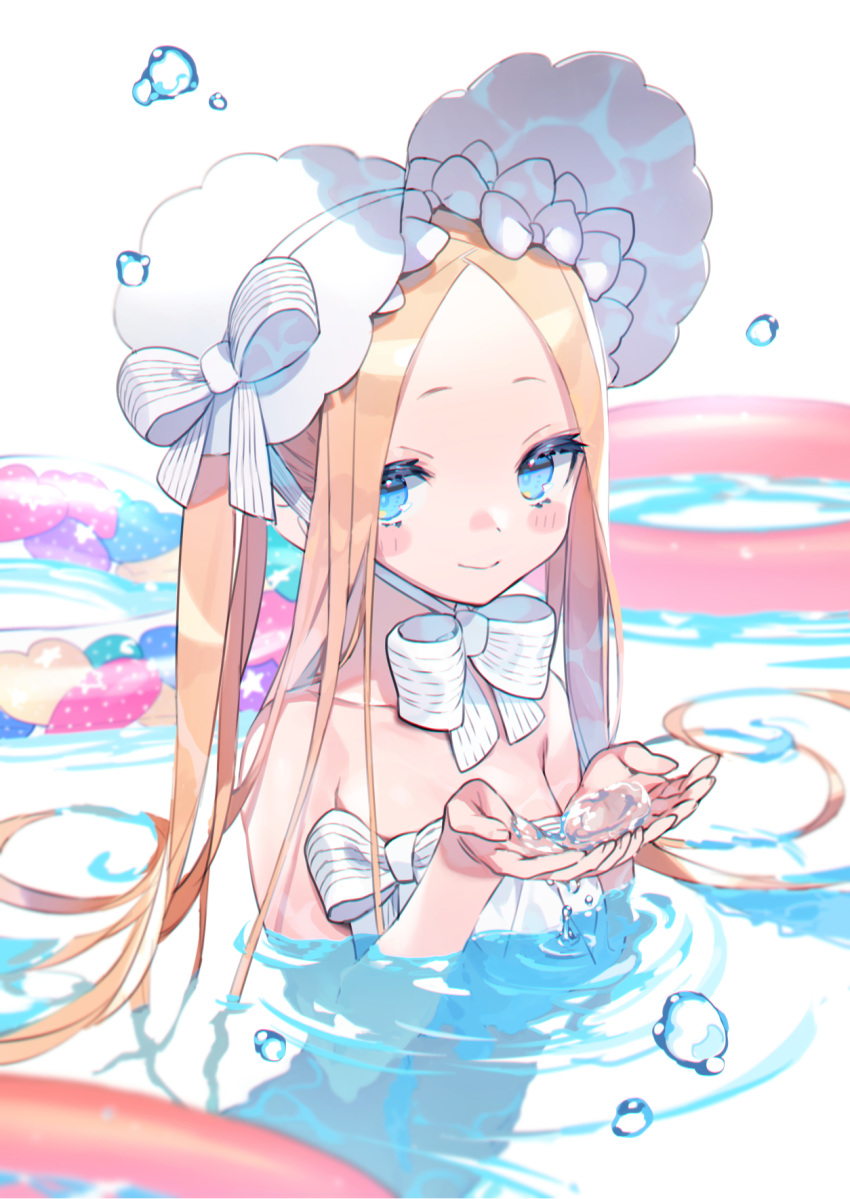 1girl abigail_williams_(fate/grand_order) abigail_williams_(swimsuit_foreigner)_(fate) bangs bare_shoulders bikini blonde_hair blue_eyes blush bonnet bow breasts bukurote closed_mouth fate/grand_order fate_(series) forehead hair_bow highres innertube long_hair looking_at_viewer parted_bangs ripples sidelocks small_breasts smile swimming swimsuit twintails very_long_hair water white_background white_bikini white_bow white_headwear