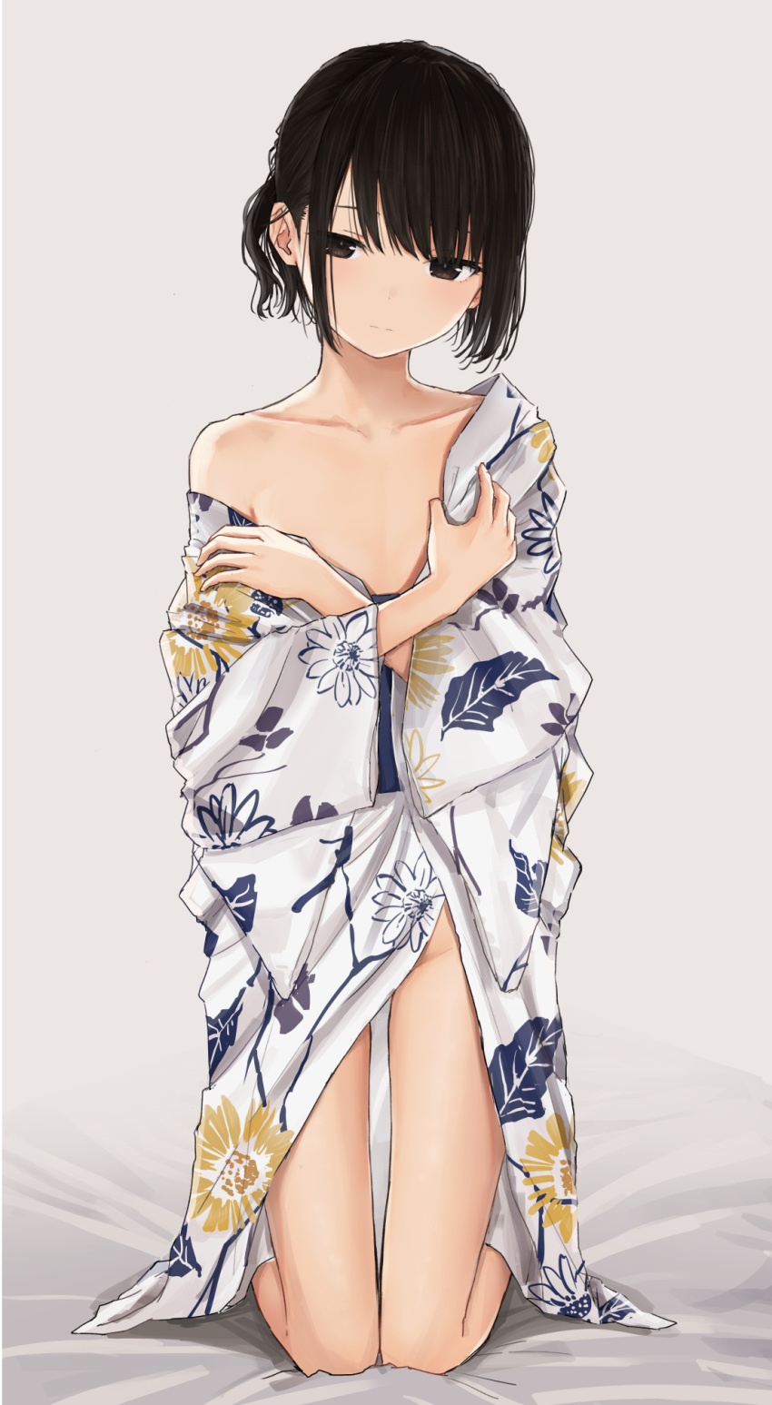1girl bangs bare_legs bed_sheet black_eyes black_hair blush closed_mouth collarbone commentary_request eyebrows_visible_through_hair flat_chest floral_print full_body grey_background groin highres japanese_clothes kimono kneeling long_sleeves looking_at_viewer naked_kimono no_bra no_panties off_shoulder open_clothes open_kimono original print_kimono short_hair simple_background single_bare_shoulder solo undressing white_kimono wide_sleeves zuima