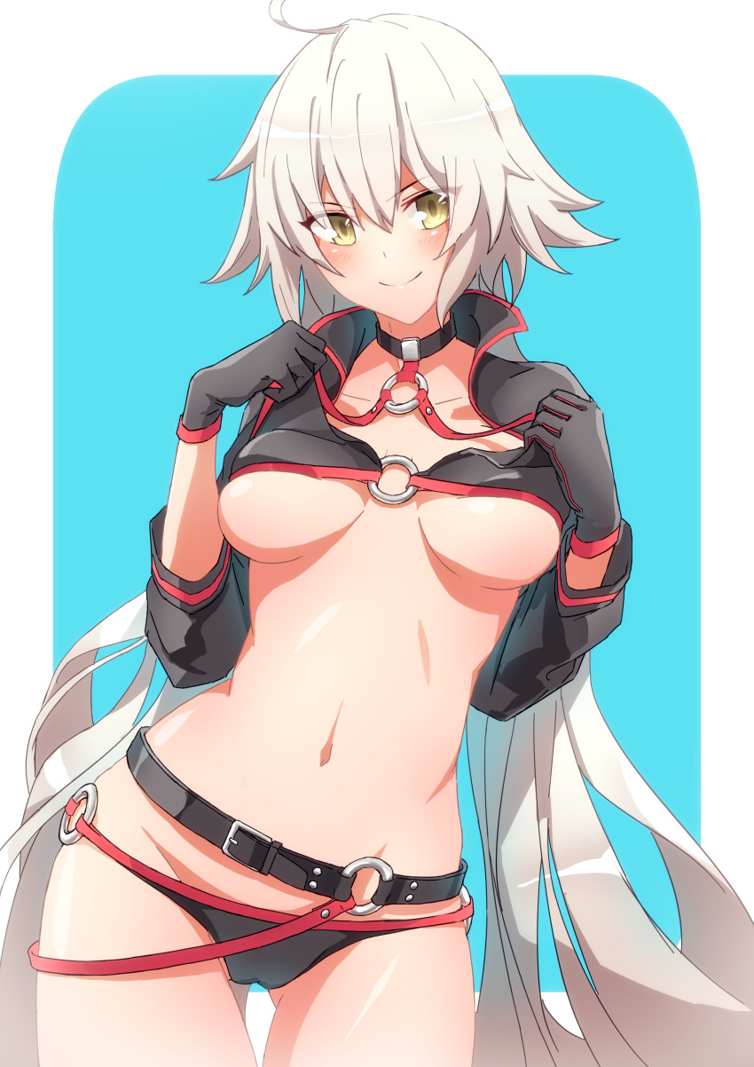 1girl absurdres ahoge ass_visible_through_thighs belt bikini black_belt black_bikini black_gloves black_jacket blue_background blush border bra bra_lift breasts breasts_apart collarbone commentary_request fate/grand_order fate_(series) gloves highres jacket jeanne_d'arc_(alter_swimsuit_berserker) jeanne_d'arc_(fate)_(all) long_hair looking_at_viewer medium_breasts momo_ama_kami navel shrug_(clothing) silver_hair smile solo swimsuit thigh_gap underwear very_long_hair white_border yellow_eyes