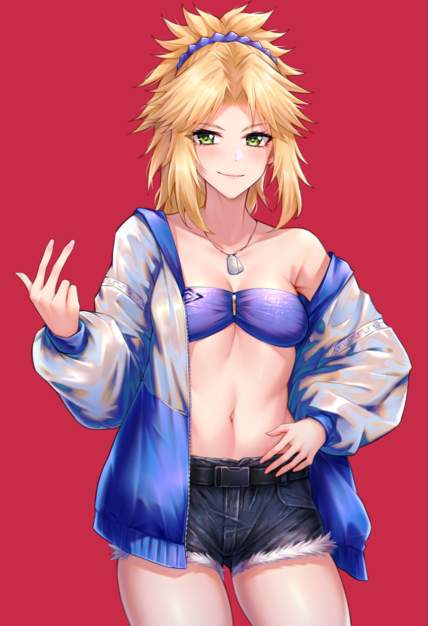 1girl absurdres alternate_costume alternate_hair_ornament bandeau bangs bare_shoulders blonde_hair blue_scrunchie blush braid breasts choukoukou_no_diaosi collarbone commentary_request cowboy_shot denim fate/grand_order fate_(series) fur_trim green_eyes hair_ornament hair_scrunchie hand_on_hip highres jacket jewelry long_hair looking_at_viewer mordred_(fate) mordred_(fate)_(all) navel necklace off_shoulder open_clothes ponytail red_background scrunchie short_shorts shorts simple_background smile solo stomach tagme