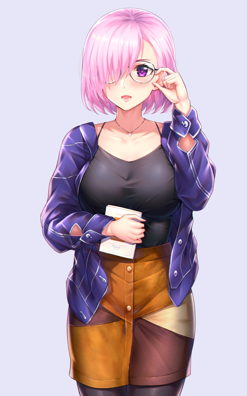 1girl absurdres adjusting_eyewear alternate_costume bangs black-framed_eyewear black_legwear black_shirt blue_background blue_jacket blush breasts choukoukou_no_diaosi collarbone commentary_request cowboy_shot fate/grand_order fate_(series) glasses hair_over_one_eye hand_up highres holding jacket jewelry large_breasts long_sleeves looking_at_viewer lower_teeth mash_kyrielight multicolored multicolored_clothes multicolored_skirt necklace open_clothes open_jacket open_mouth pantyhose pink_hair shirt short_hair simple_background skirt solo violet_eyes