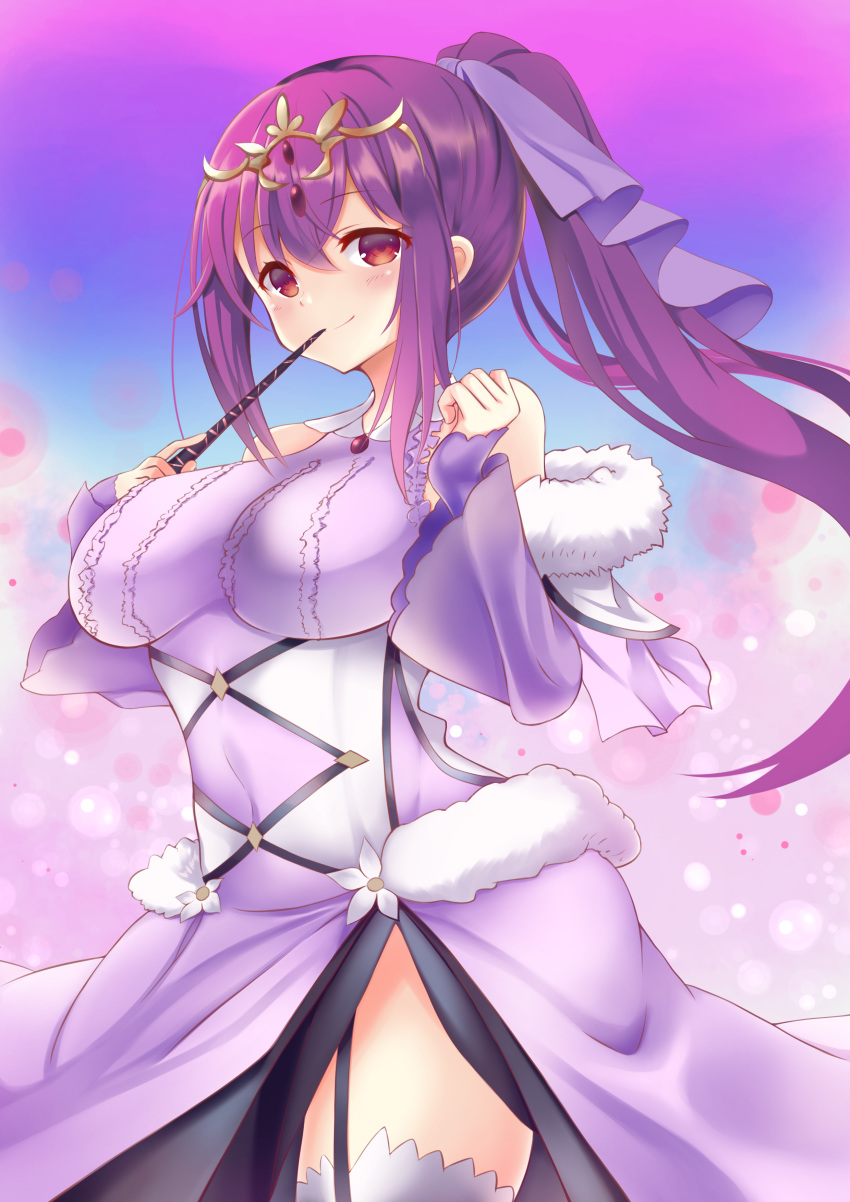 1girl absurdres blue_background blush closed_mouth cowboy_shot dress fate/grand_order fate_(series) hair_ribbon highres holding holding_wand light_particles long_hair looking_at_viewer multicolored multicolored_background ponytail purple_background purple_dress purple_hair purple_legwear purple_ribbon purple_theme red_eyes ribbon scathach_(fate)_(all) scathach_skadi_(fate/grand_order) sidelocks smile solo standing thigh-highs tiara wand yuu_ms1974 zettai_ryouiki