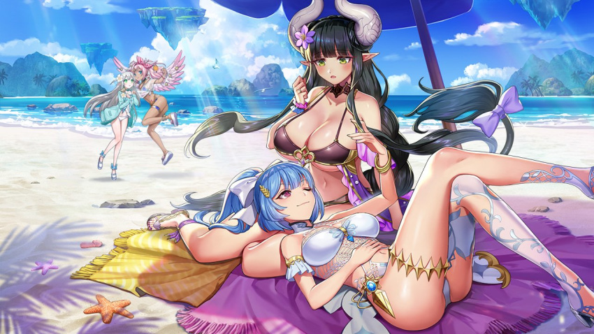 4girls alternate_costume ass authumla_(valkyrie_connect) bangs bare_shoulders beach bikini black_hair blue_hair blue_sky blunt_bangs breasts clouds collarbone dark_skin floating_island flower frigg_(valkyrie_connect) hair_flower hair_ornament herja_(valkyrie_connect) horns large_breasts long_hair lying_on_person multiple_girls noa_(valkyrie_connect) ocean official_art one_eye_closed outdoors pink_hair pointy_ears sand sky starfish swimsuit tree under_umbrella valkyrie_connect white_hair wings