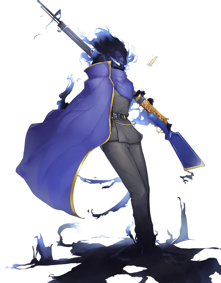 1boy belt blue_eyes bullet cloak covered_mouth dabuki floating glowing glowing_eyes gun highres holding holding_gun holding_weapon lobotomy_corporation male_focus over_shoulder purple_cloak rifle shadow simple_background sniper_rifle solo weapon weapon_over_shoulder white_background