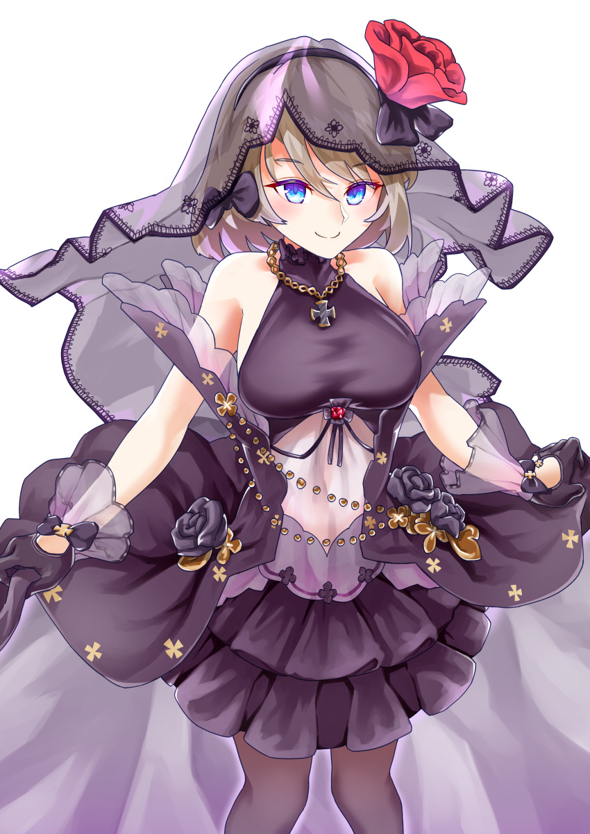 1girl absurdres azur_lane bare_shoulders black_dress black_gloves black_legwear blue_eyes bow bridal_veil brown_hair commentary_request dress frilled_skirt frills gloves hair_bow hair_ribbon highres huge_filesize iron_cross looking_at_viewer pantyhose ribbon short_hair simple_background skirt smile solo take_yaki turtleneck_dress veil wedding_dress white_background z23_(azur_lane) z23_(schwarze_hochzeit)_(azur_lane)