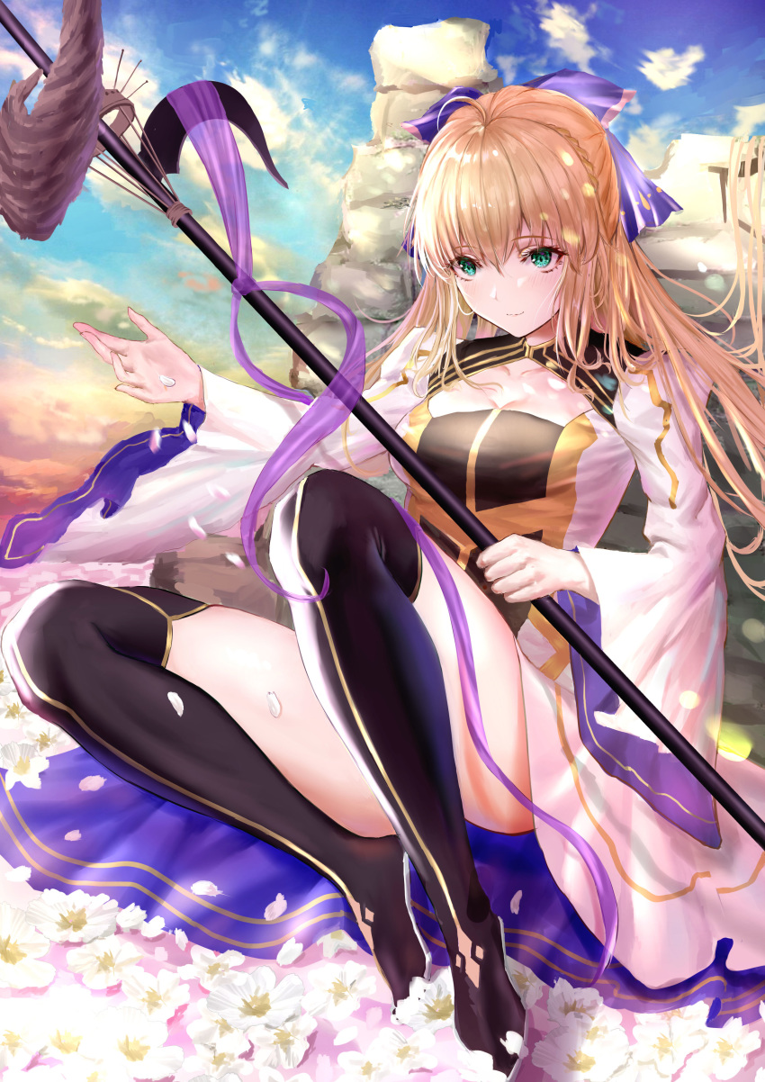1girl a-by absurdres aqua_eyes artoria_pendragon_(all) artoria_pendragon_(caster) black_legwear blonde_hair blue_sky bow clouds commentary_request dress fate/grand_order fate_(series) hair_bow highres holding holding_staff light_blush light_smile long_hair purple_bow sitting sky solo staff thigh-highs white_dress white_sleeves wide_sleeves