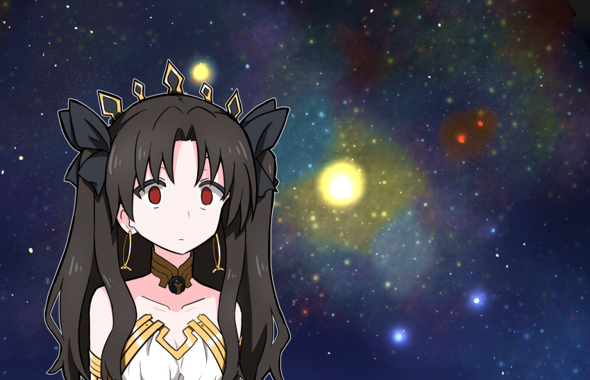 1girl bangs black_hair black_ribbon earrings empty_eyes fate/grand_order fate_(series) galaxy hair_ribbon highres hoop_earrings ishtar_(fate)_(all) ishtar_(fate/grand_order) jewelry long_hair meme neck_ring not_on_shana red_eyes ribbon solo space space_cat_(meme) star_(sky) tiara upper_body