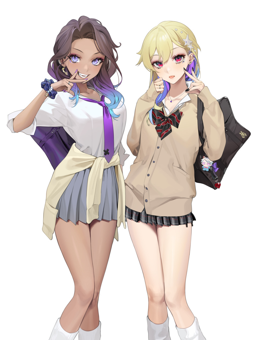 2girls absurdres bangs black_nails blonde_hair breasts brown_cardigan brown_hair cardigan clothes_around_waist collarbone grey_skirt gyaru hair_ornament hand_up hands_up highres hime_(splatoon) humanization iida_(splatoon) jewelry long_hair long_sleeves looking_at_viewer medium_breasts multiple_girls nail_polish necklace necktie ohisashiburi open_mouth pink_eyes plaid plaid_skirt pleated_skirt purple_neckwear skirt sleeves_past_wrists smile splatoon_(series) splatoon_2 standing star_(symbol) star_hair_ornament sweater sweater_around_waist teeth v v_over_mouth violet_eyes