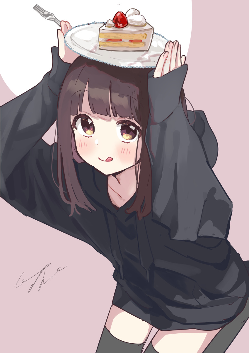 1girl :q absurdres arms_up bangs black_hoodie black_legwear blush brown_background brown_eyes brown_hair cake cake_slice closed_mouth commentary_request drawstring eyebrows_visible_through_hair food fork highres holding holding_fork holding_plate hood hood_down hoodie long_sleeves looking_at_viewer nanase_kurumi_(menhera-chan) original plate pomu seiza signature sitting sleeves_past_wrists smile solo thigh-highs tongue tongue_out two-tone_background white_background