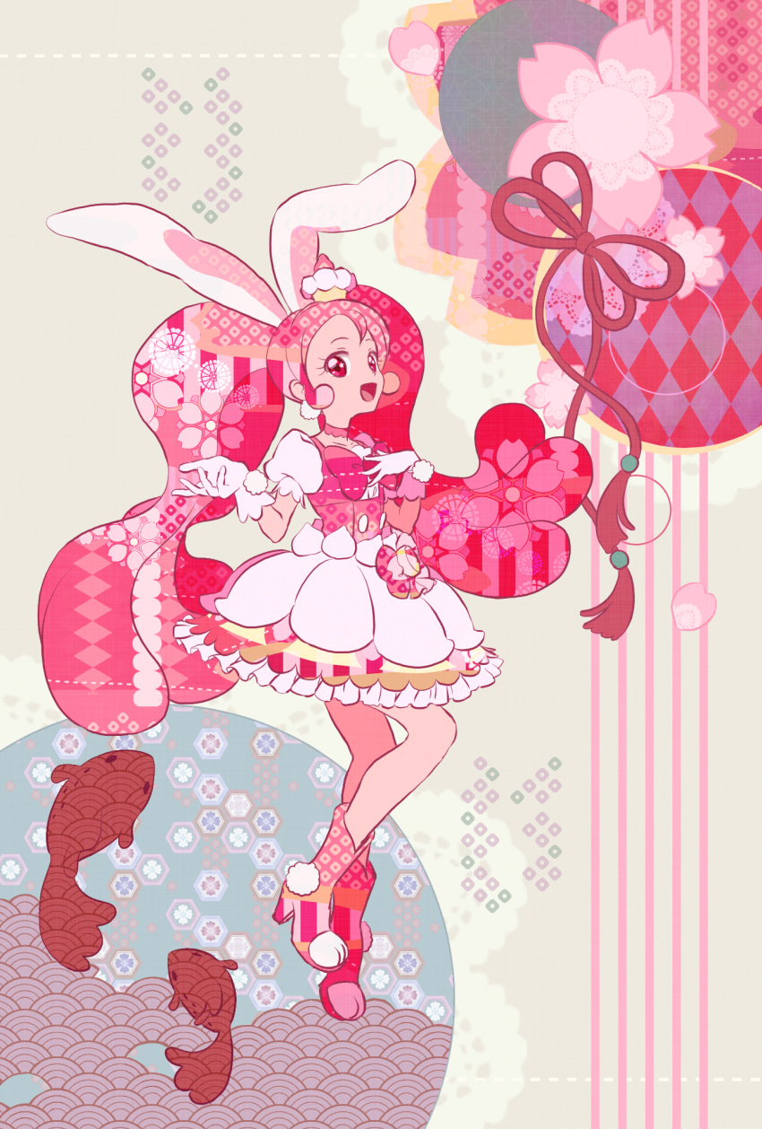 1girl :d animal_ears bow bowtie cake_hair_ornament cure_whip floating_hair food_themed_hair_ornament full_body gloves hair_ornament highres kirakira_precure_a_la_mode long_hair miniskirt open_mouth pink_hair precure rabbit_ears red_bow red_eyes red_neckwear short_sleeves skirt smile solo standing strawberrylove2525 very_long_hair white_gloves white_skirt white_sleeves