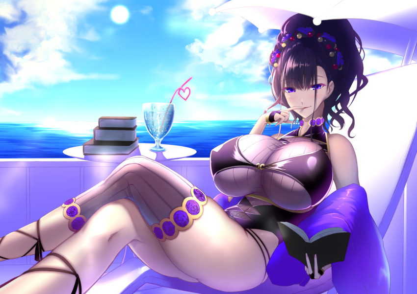 1girl bangs bare_shoulders beach_chair black_swimsuit blue_sky book book_stack breasts clouds commentary_request crossed_legs cup drinking_glass drinking_straw fate/grand_order fate_(series) finger_to_mouth flower gloves hair_between_eyes hair_flower hair_ornament hair_up half_gloves highleg highleg_swimsuit highres holding holding_book huge_breasts looking_at_viewer murasaki_shikibu_(fate) murasaki_shikibu_(swimsuit_rider)_(fate) ocean one-piece_swimsuit shawl shiroshisu sidelocks single_thighhigh sitting sky sun swimsuit thigh-highs tied_hair umbrella violet_eyes water