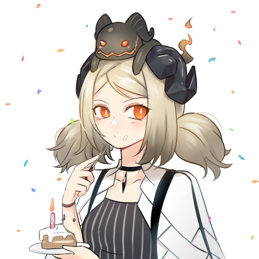 1girl arknights black_choker black_dress cake candle capelet choker commentary confetti dinochoo dress food food_in_mouth hand_up highres holding holding_plate horns ifrit_(arknights) looking_at_viewer low_twintails on_head orange_eyes plate short_hair silver_hair simple_background solo striped twintails upper_body vertical-striped_dress vertical_stripes white_background white_capelet