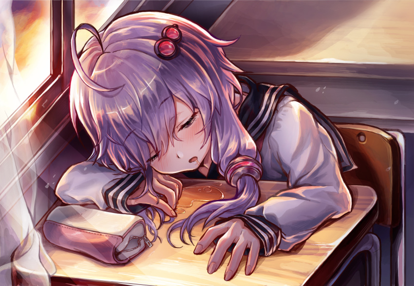 1girl ahoge bag black_collar chair classroom closed_eyes collar commentary curtains desk hair_ornament hair_tubes highres indoors long_sleeves purple_hair rokuyasuhara sailor_collar saliva school_uniform shirt short_hair_with_long_locks sidelocks sitting sleeping solo twilight upper_body voiceroid white_shirt window yuzuki_yukari