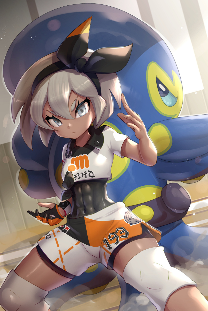 1girl bangs black_bodysuit black_hairband bodysuit bodysuit_under_clothes closed_mouth collared_shirt commentary_request covered_abs covered_navel dynamax_band eyelashes gen_8_pokemon gloves gonzarez grapploct grey_eyes grey_hair gym_leader hair_between_eyes hairband highres knee_pads legs_apart looking_at_viewer number pokemon pokemon_(creature) pokemon_(game) pokemon_swsh print_shirt print_shorts saitou_(pokemon) shiny shiny_hair shirt short_hair short_sleeves shorts single_glove tied_shirt