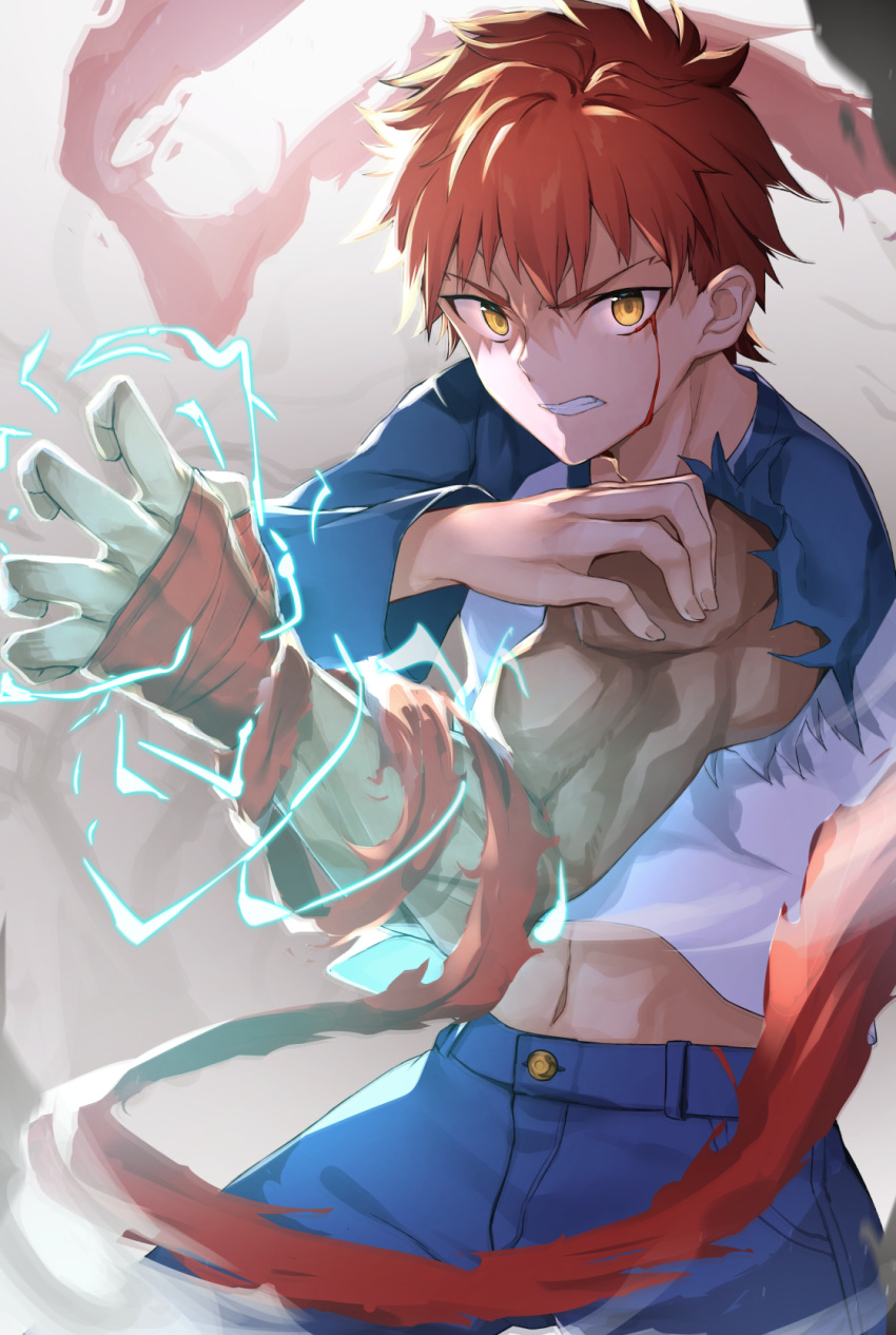 1boy bandaged_arm bandages bangs blood blood_on_face blue_pants blue_sleeves brown_hair commentary_request denim emiya_shirou energy fate/stay_night fate_(series) highres jeans long_sleeves looking_at_viewer male_focus muscle navel pants raglan_sleeves redhead serious shirt short_hair smoke solo tapioka_(oekakitapioka) teeth torn_clothes v-shaped_eyebrows white_shirt