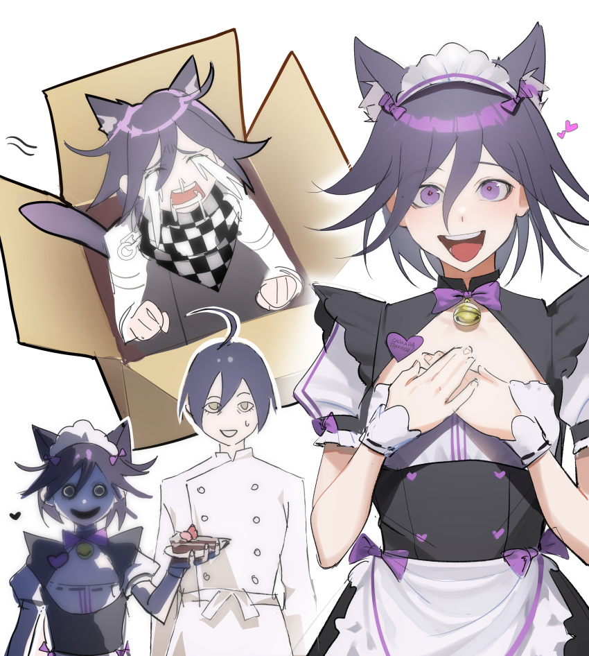 2boys absurdres ahoge alternate_costume animal_ears apron bangs black_hair box cardboard_box cat_boy cat_ears cat_tail checkered checkered_scarf commentary crazy_eyes crossdressinging crying dangan_ronpa double-breasted dress enmaided evil_grin evil_smile grin hair_between_eyes heart highres jacket kyandii long_sleeves looking_at_viewer maid maid_apron maid_headdress male_focus multiple_boys new_dangan_ronpa_v3 open_mouth otoko_no_ko ouma_kokichi puffy_short_sleeves puffy_sleeves purple_hair saihara_shuuichi scarf short_sleeves simple_background sketch smile tail tears teeth violet_eyes white_apron white_background white_jacket