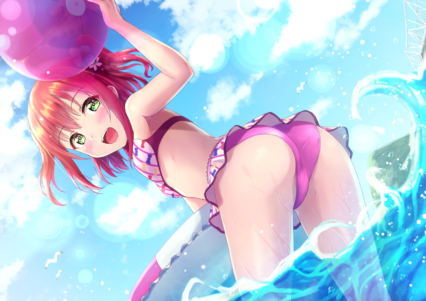 1girl arm_up arms_up ass b.ren ball bangs bare_arms bare_shoulders beachball bikini bikini_skirt bird blue_sky blush bow_print breasts clouds eyebrows_visible_through_hair flower green_eyes hair_flower hair_ornament highres holding holding_ball in_water innertube kurosawa_ruby looking_at_viewer looking_back love_live! love_live!_sunshine!! medium_hair open_mouth outdoors pink_bikini pink_flower pink_swimsuit redhead seagull see-through sky sleeveless small_breasts smile solo splashing striped striped_bikini sunlight swimsuit twintails upper_teeth water wet