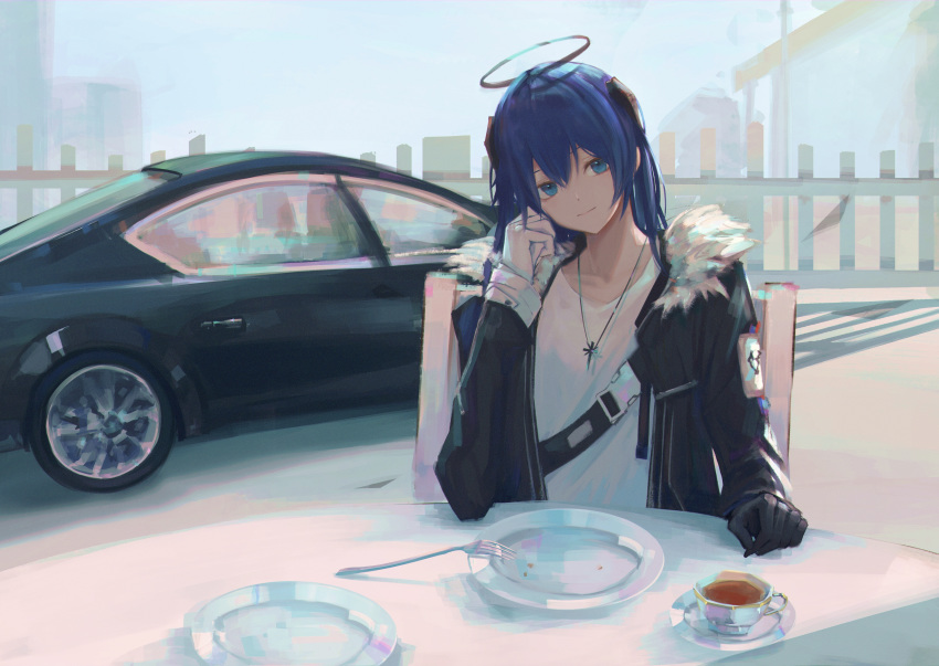 1girl 7ife absurdres arknights bangs black_jacket blue_eyes blue_hair blue_sky car chair commentary cup fork gloves ground_vehicle hair_between_eyes halo hand_up head_tilt highres horns huge_filesize jacket jewelry long_hair long_sleeves looking_at_viewer mostima_(arknights) motor_vehicle necklace open_clothes open_jacket outdoors plate shirt sky solo teacup upper_body white_gloves white_shirt
