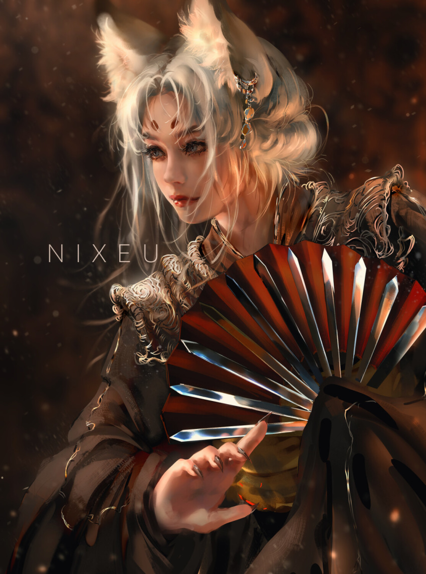 1girl animal_ears blue_eyes claws dagger facial_mark fan fantasy forehead_mark fur highres lips looking_to_the_side nixeu original solo stance weapon white_hair wide_sleeves wind