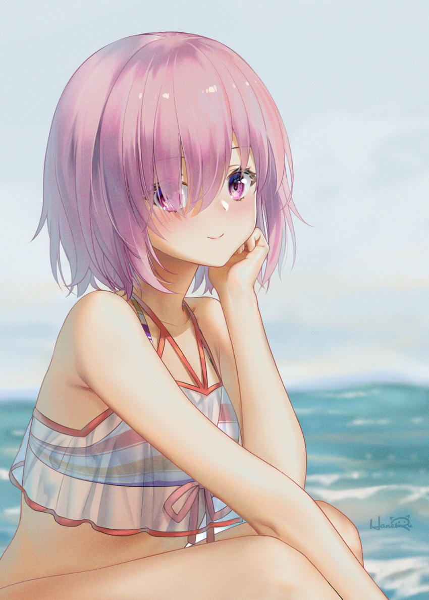 1girl artist_name bare_arms bare_shoulders bikini blurry blurry_background blush closed_mouth clouds cloudy_sky collarbone day depth_of_field eyebrows_visible_through_hair eyes_visible_through_hair fate/grand_order fate_(series) from_side hair_over_one_eye hand_on_own_cheek haneru highres looking_at_viewer looking_to_the_side mash_kyrielight multicolored multicolored_bikini multicolored_clothes ocean outdoors purple_hair red_ribbon ribbon see-through short_hair sky smile solo squatting swimsuit thighs violet_eyes