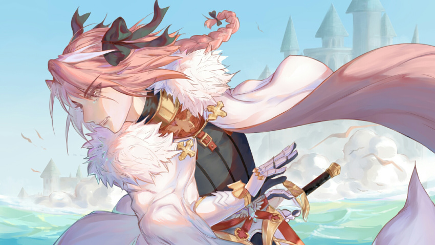 1boy armor astolfo_(fate) black_bow bow braid castle cloak closed_mouth dress eyebrows eyebrows_visible_through_hair fang fate/apocrypha fate/grand_order fate_(series) fighting_stance fur-trimmed_cloak fur_trim gauntlets gorget hair_bow hair_intakes highres holding holding_sword holding_weapon long_braid long_hair long_sleeves looking_to_the_side male_focus multicolored_hair otoko_no_ko parted_lips pink_hair puffy_sleeves single_braid sky solo streaked_hair sword upper_body user_asxe3287 violet_eyes weapon white_cloak