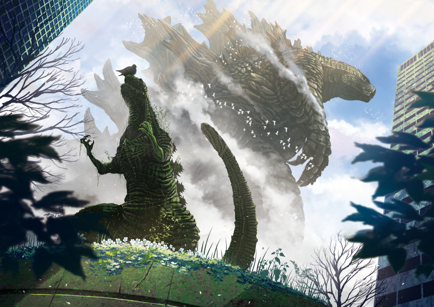 bare_tree bird blue_eyes blue_sky building claws clouds cloudy_sky flock flower flying fog from_below giant_monster godzilla godzilla_(series) highres kaijuu leaf light_rays looking_away monster overgrown scales sky spines standing statue suttoko teeth tree