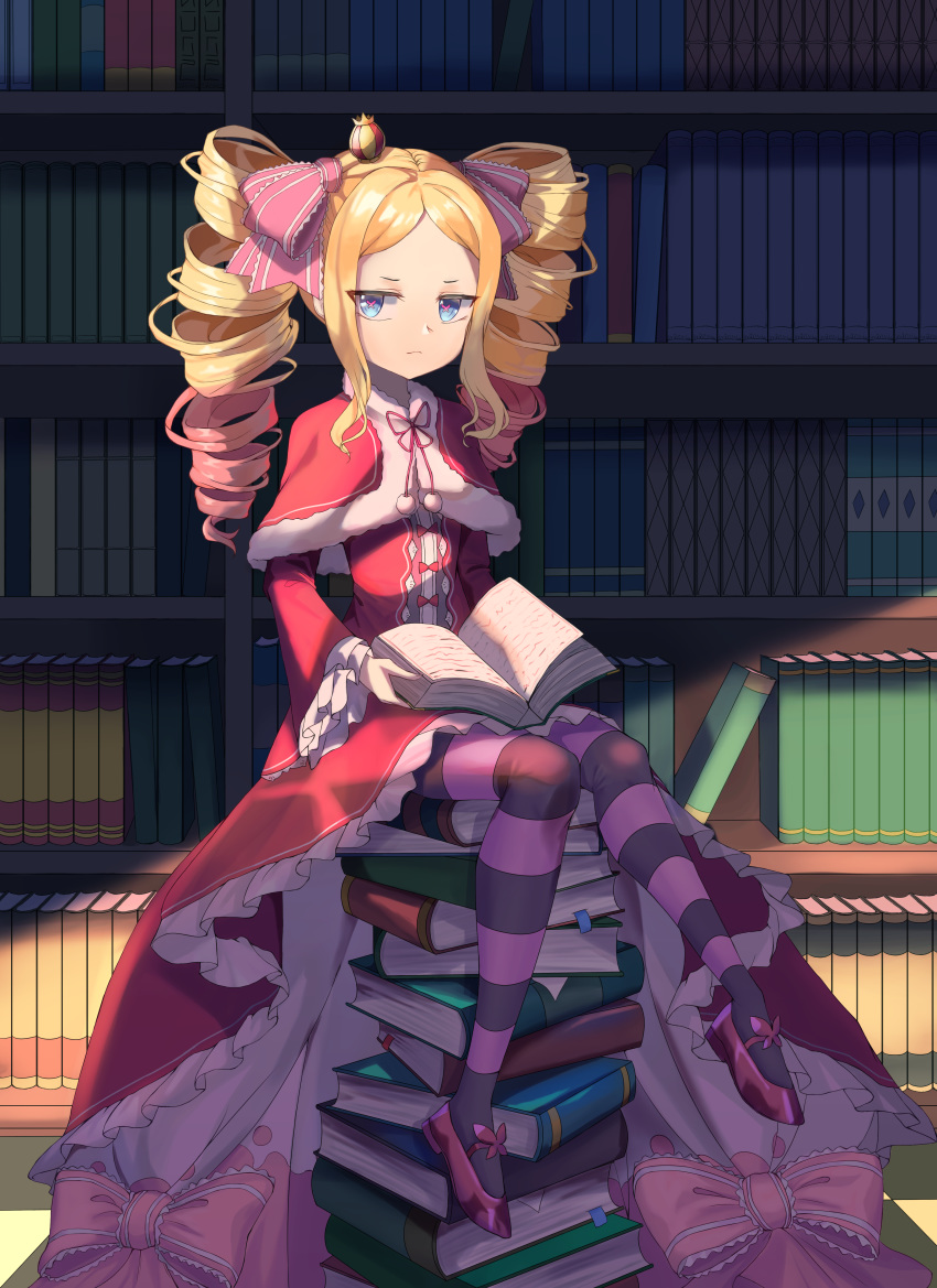 1girl absurdres bangs beatrice_(re:zero) blonde_hair blue_eyes book bookshelf bow capelet closed_mouth crown full_body fur-trimmed_capelet fur_trim hair_bow highres long_hair long_sleeves looking_at_viewer mini_crown open_book pantyhose parted_bangs pink_bow pink_hair progameer789 re:zero_kara_hajimeru_isekai_seikatsu red_capelet shiny shiny_hair sitting solo striped striped_legwear twintails very_long_hair