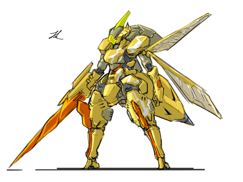 clenched_hand cosmos24368 highres holding holding_lance holding_polearm holding_weapon insect_wings lance looking_down mecha no_humans original polearm signature solo standing weapon white_background wings