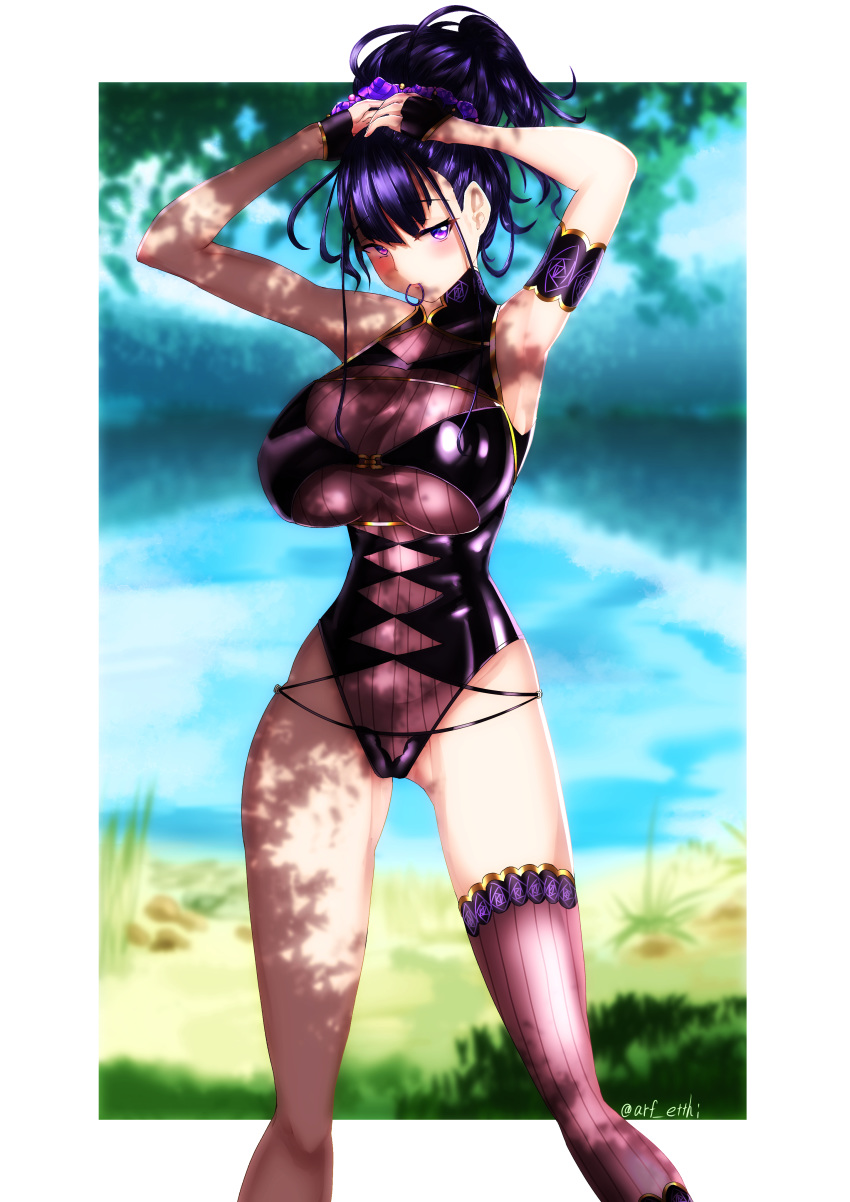 1girl absurdres armlet armpits arms_up artist_request bangs bare_shoulders black_gloves black_swimsuit blurry blurry_background blush breasts covered_navel fate/grand_order fate_(series) fingerless_gloves flower gloves hair_flower hair_ornament hair_up half_gloves highleg highleg_swimsuit highres lake large_breasts long_hair looking_at_viewer mouth_hold murasaki_shikibu_(fate) murasaki_shikibu_(swimsuit_rider)_(fate) one-piece_swimsuit purple_hair shade single_thighhigh swimsuit thigh-highs thighs tied_hair tree tying_hair violet_eyes