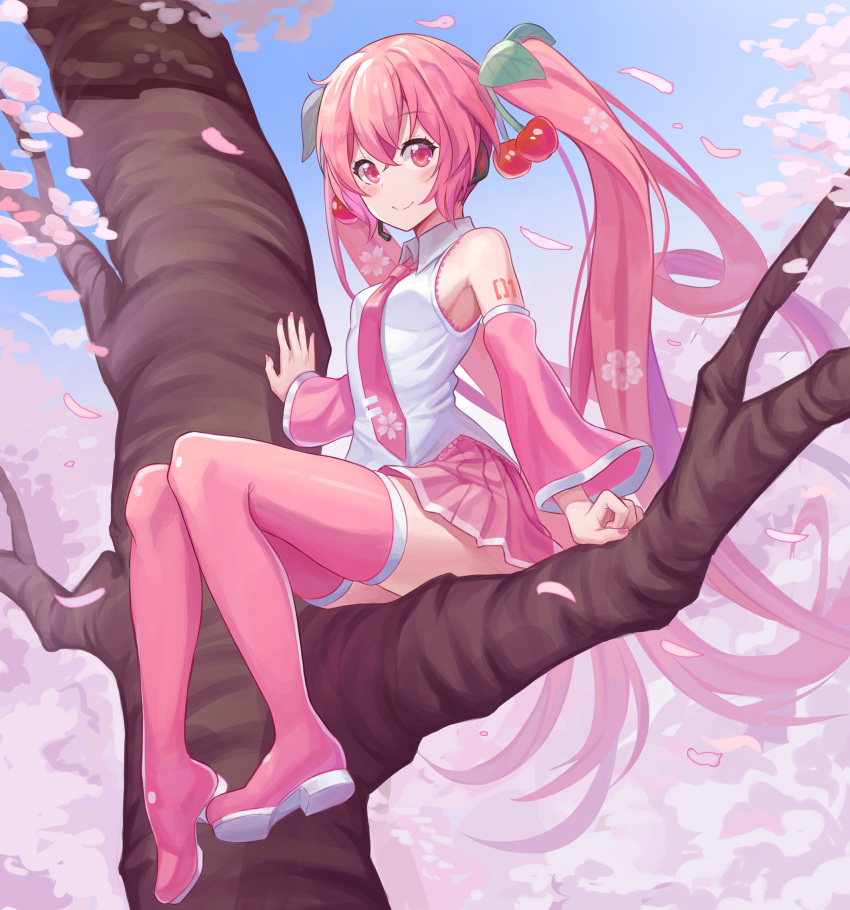 1girl arm_at_side bangs bare_shoulders bibboss39 blue_sky blush boots breasts cherry_blossoms cherry_hair_ornament closed_mouth collared_shirt commentary day eyebrows_visible_through_hair floating_hair food_themed_hair_ornament full_body hair_ornament hatsune_miku headset highres in_tree long_hair long_sleeves looking_at_viewer miniskirt necktie outdoors petals pink_eyes pink_footwear pink_hair pink_neckwear pink_skirt pink_sleeves pleated_skirt sakura_miku shirt sitting skirt sky small_breasts smile solo thigh-highs thigh_boots tree twintails very_long_hair vocaloid white_shirt wind zettai_ryouiki