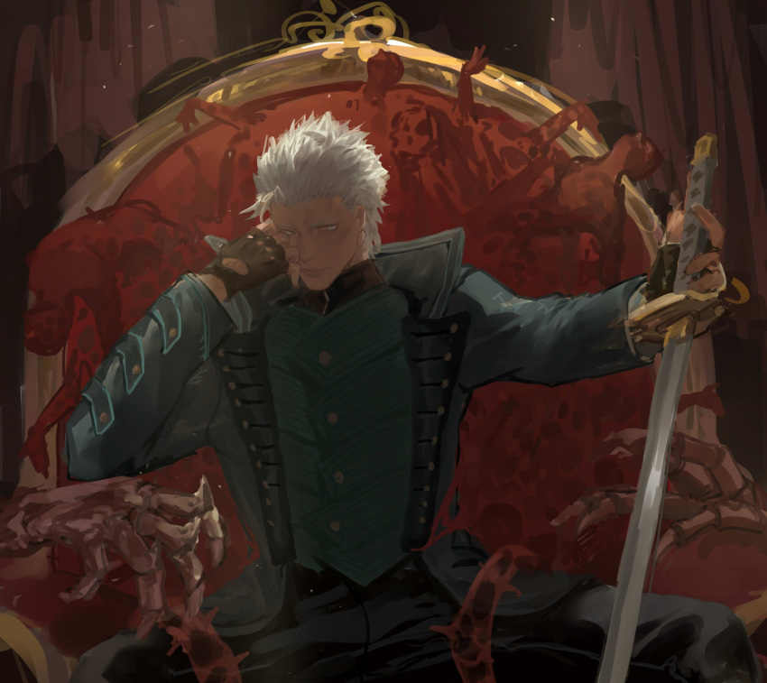 1boy black_gloves blue_coat bone claws closed_mouth coat cropped devil_may_cry devil_may_cry_5 fingerless_gloves gloves hair_slicked_back highres holding holding_sword holding_weapon iohmzgd katana male_focus sitting sketch solo sword thorns throne turtleneck vergil weapon white_eyes white_hair