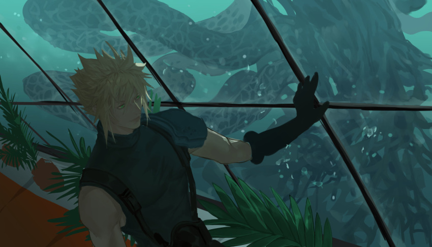 1boy animal armor black_gloves blonde_hair closed_mouth cloud_strife dutch_angle final_fantasy final_fantasy_vii glass gloves green_eyes hair_between_eyes iohmzgd male_focus pauldrons plant potted_plant shoulder_armor single_pauldron sketch smile tentacles water