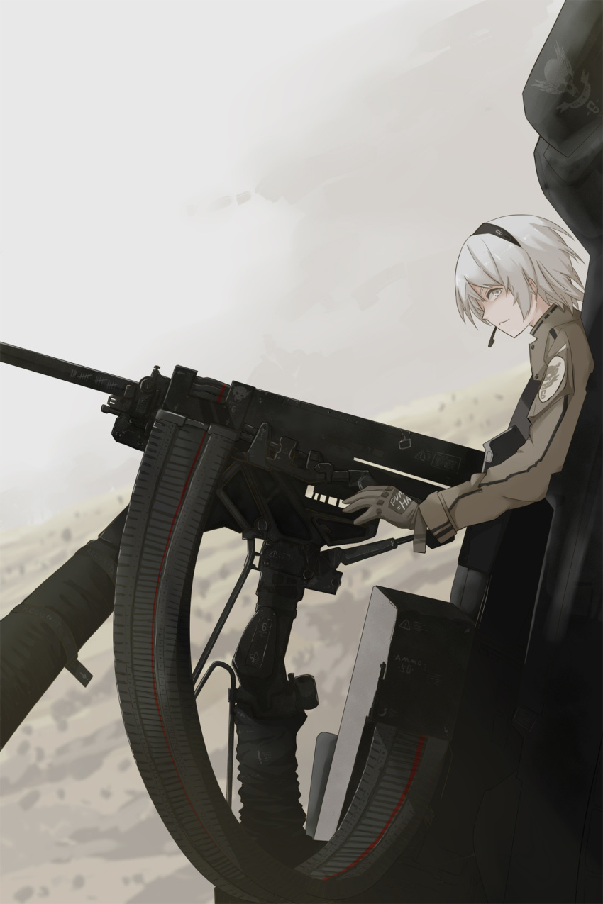 1girl brown_gloves brown_jacket chinese_robot_kid clouds eyebrows_visible_through_hair gloves grey_eyes grey_sky gun hand_on_weapon headphones highres jacket looking_at_viewer machine_gun medium_hair military military_uniform original painttool_sai_(medium) silver_hair solo uniform weapon