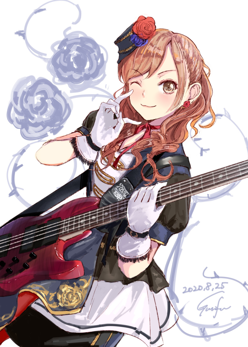 1girl ;3 absurdres bang_dream! bangs bass_guitar black_headwear black_jacket blush brown_eyes brown_hair closed_mouth commentary_request dated dutch_angle earrings eyebrows_visible_through_hair flower flower_earrings gloves gurifu hat hat_flower highres holding holding_instrument imai_lisa instrument jacket jewelry long_hair looking_at_viewer one_eye_closed pleated_skirt puffy_short_sleeves puffy_sleeves purple_flower purple_rose red_flower red_rose rose short_sleeves signature simple_background skirt solo swept_bangs tilted_headwear white_background white_gloves white_skirt
