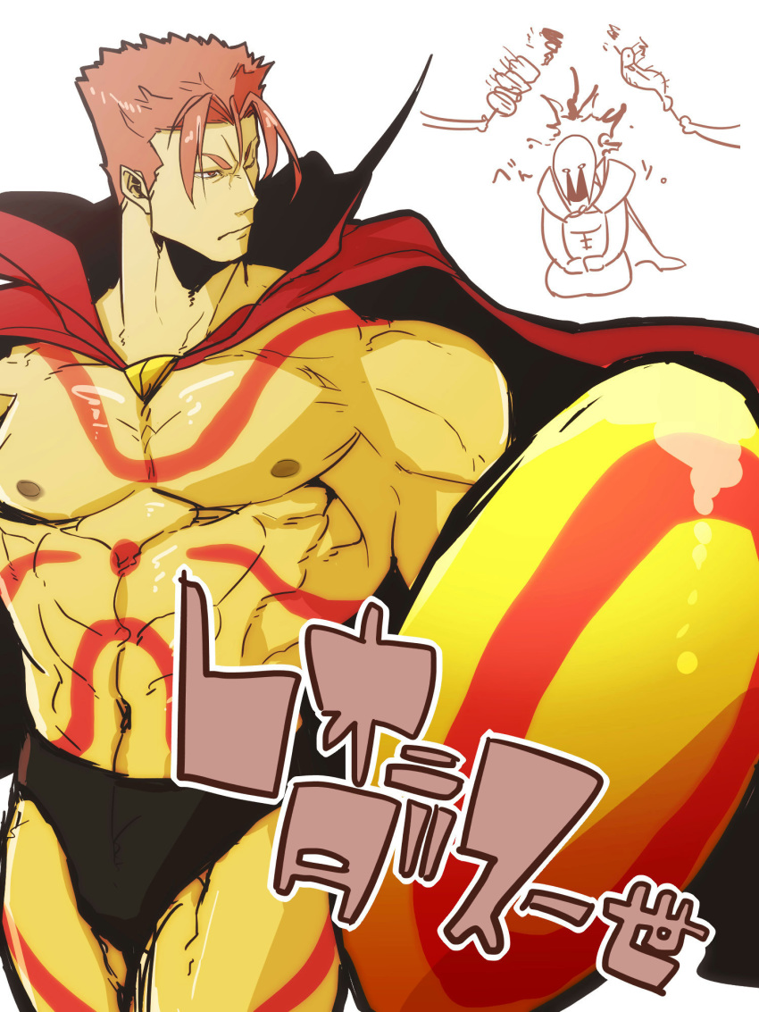 1boy abs barbecue fate/grand_order fate_(series) fire highres holding koryuu_(gackter10) leonidas_(fate/grand_order) looking_back male_focus muscle navel nipples red_eyes redhead shield sketch tattoo thighs weapon