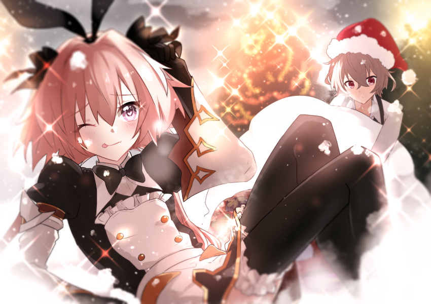 2boys animal_ears armor armored_dress astolfo_(fate) astolfo_(saber)_(fate) bangs black_bow black_footwear black_gloves black_legwear black_ribbon blush bow bowtie bunny_hair_ornament closed_mouth dress fate/apocrypha fate/grand_order fate_(series) gloves hair_between_eyes hair_bow hair_intakes hair_ornament hair_ribbon happy heart heart-shaped_pupils long_hair long_sleeves looking_at_viewer low_twintails male_focus multicolored_hair multiple_boys norun_(ru-on) otoko_no_ko pink_hair rabbit_ears ribbon sieg_(fate/apocrypha) smile solo_focus streaked_hair symbol-shaped_pupils thigh-highs tongue tongue_out twintails violet_eyes