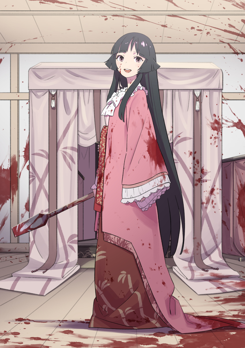 1girl absurdres bangs black_hair blood blood_on_face blood_splatter bloody_clothes blunt_bangs chisel commentary_request frilled_sleeves frills from_side full_body highres hime_cut houraisan_kaguya indoors japanese_clothes kawayabug kimono long_sleeves looking_at_viewer open_mouth oversized_object parted_bangs pink_kimono sleeves_past_wrists smile solo standing straight_hair touhou upper_teeth wide_sleeves wooden_floor